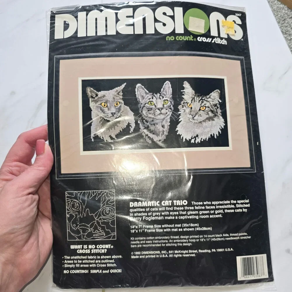 Dimensions Cross Stitch Dramatic Cat Trio Kit 3967 Feline Faces Gray Vintage
